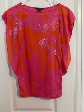 Armani Exchange Pink and Orange Sequin Floral Flutter Sleeve Top
